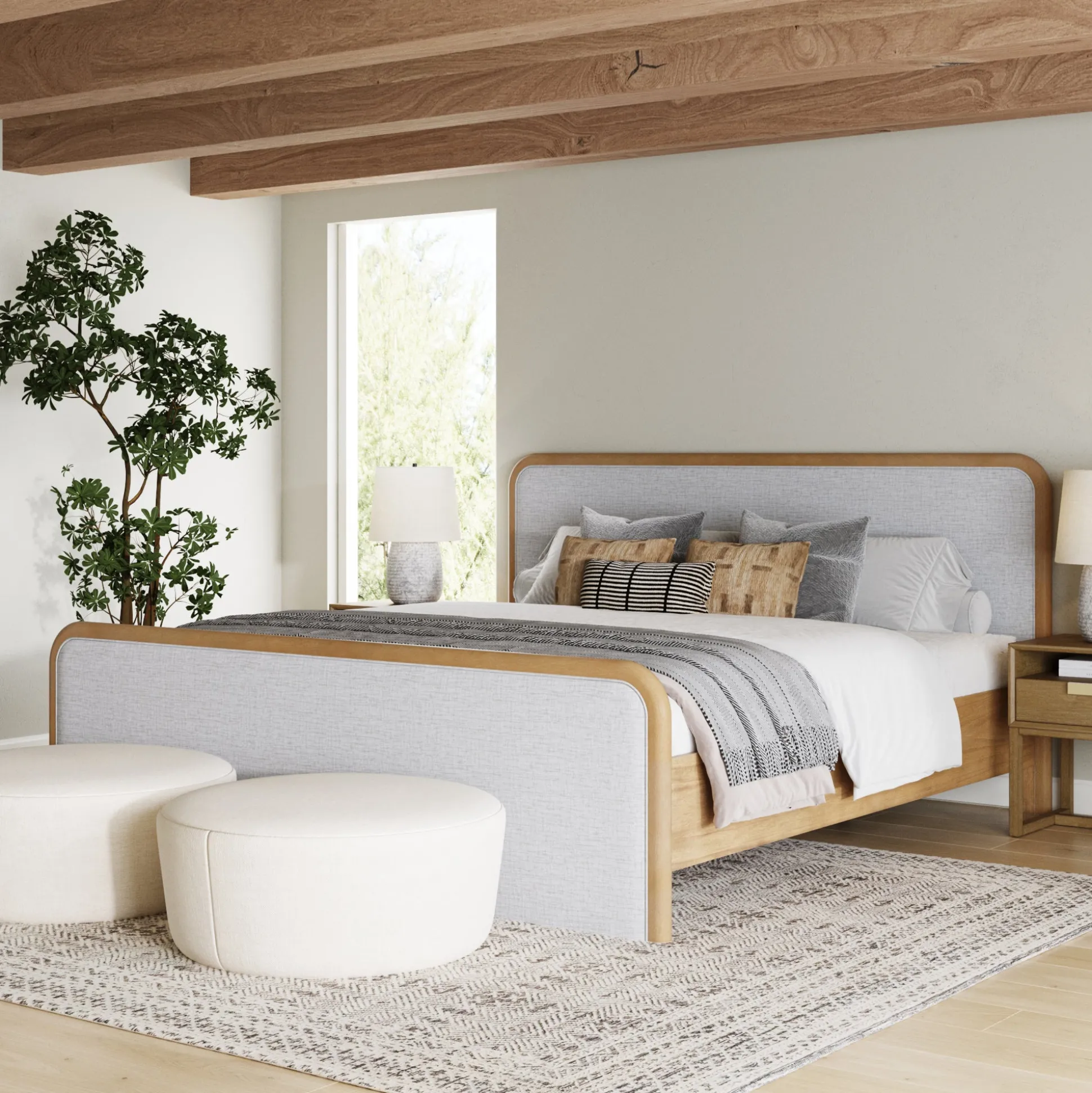 Wood Bed Frame in Feather Gray Upholstery | Size King