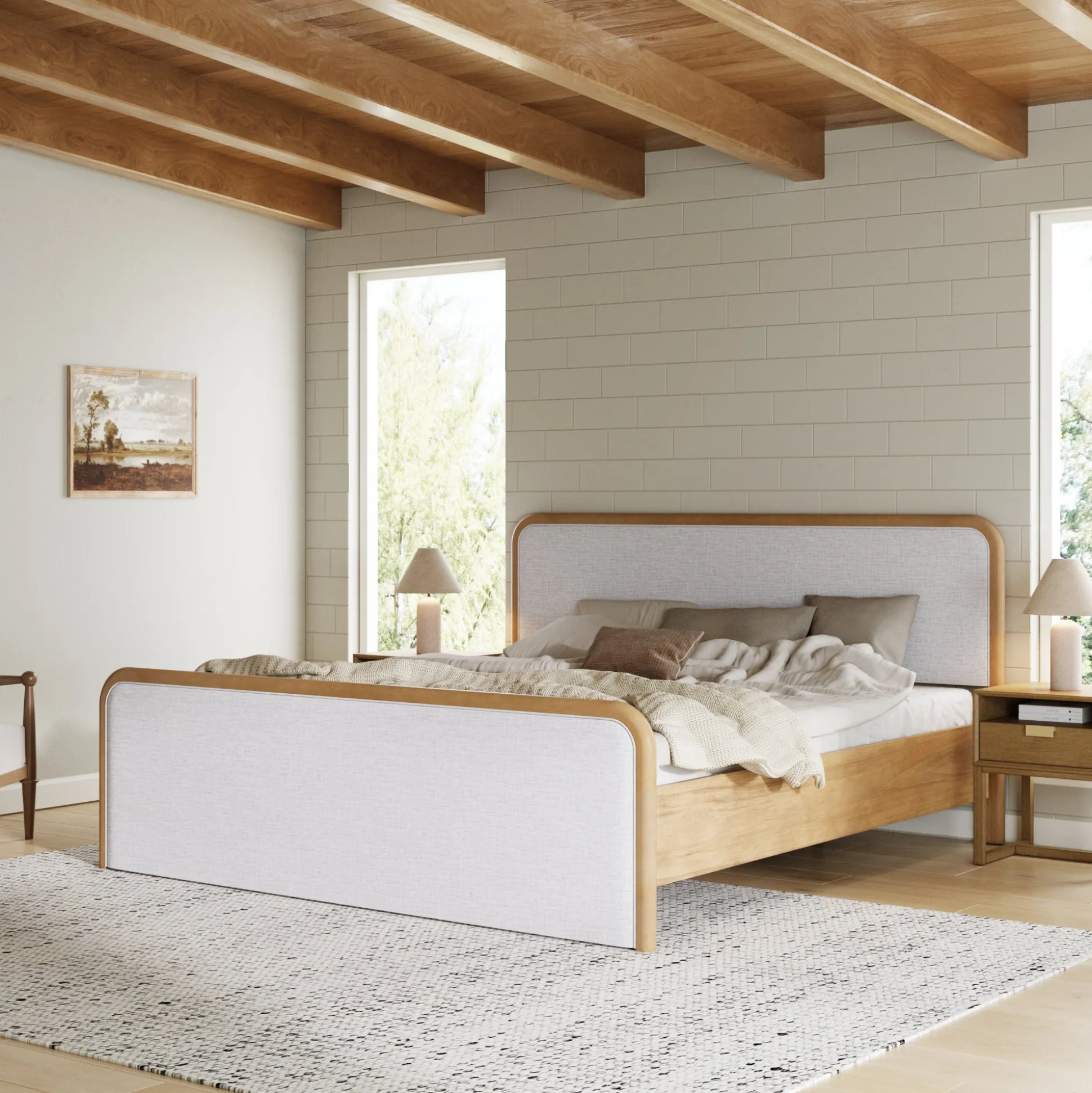 Wood Bed Frame in Feather Gray Upholstery | Size King