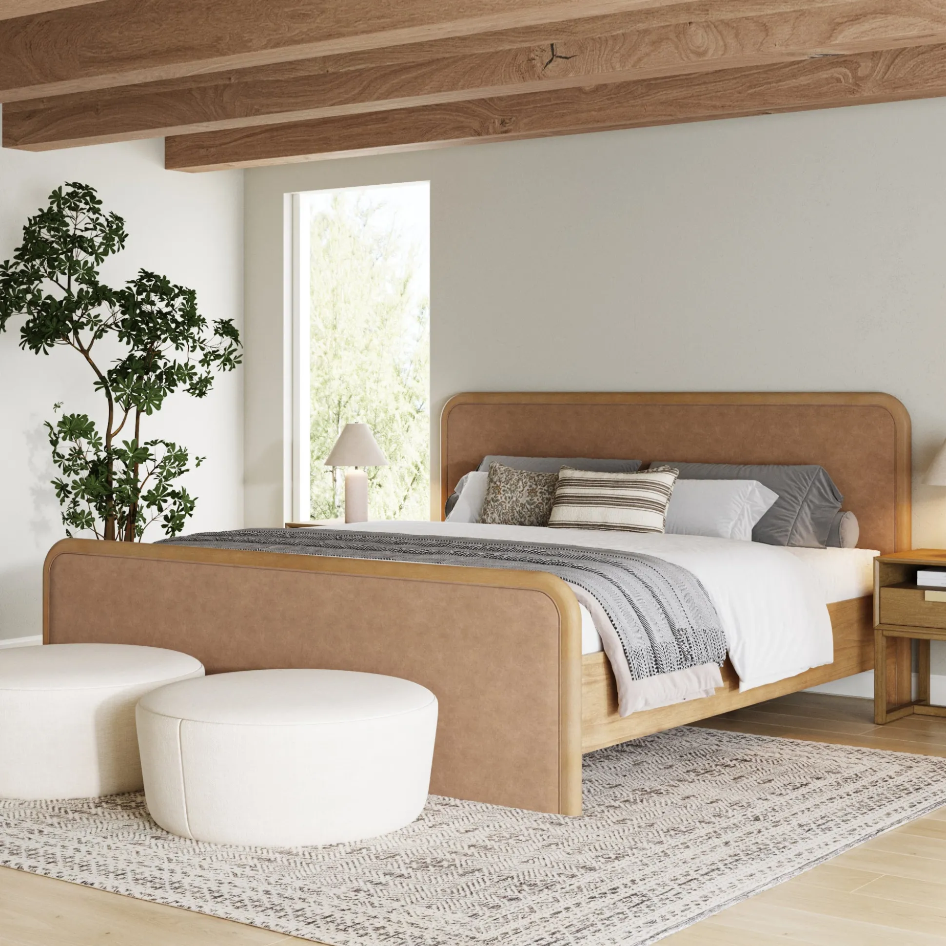 Wood Bed Frame in Light Brown Faux Leather | Size King