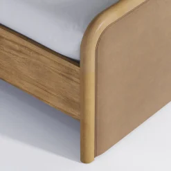 Wood Bed Frame in Light Brown Faux Leather | Size King