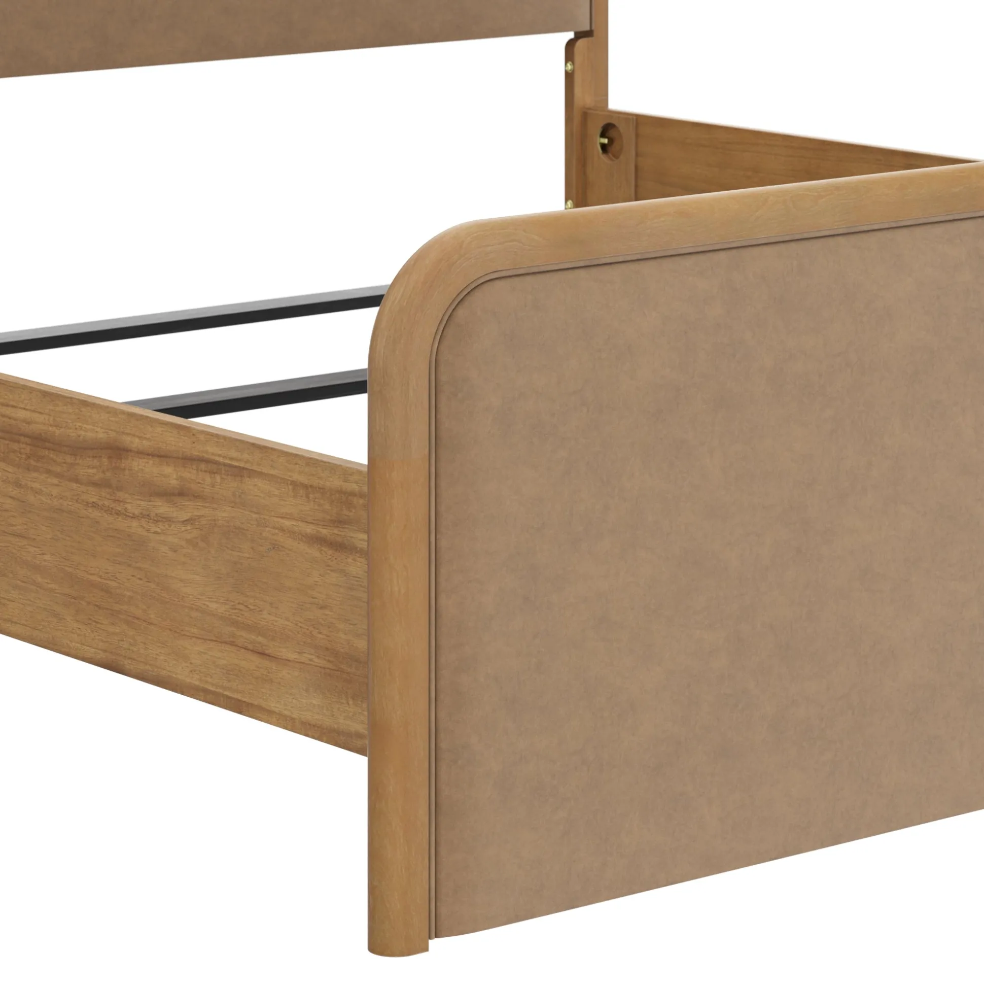 Wood Bed Frame in Light Brown Faux Leather | Size King