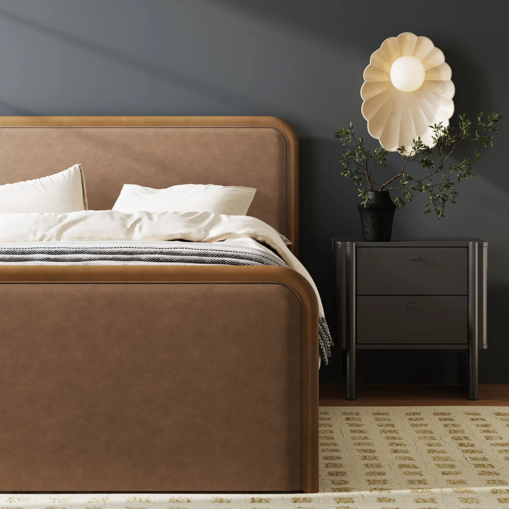 Wood Bed Frame in Light Brown Faux Leather | Size King