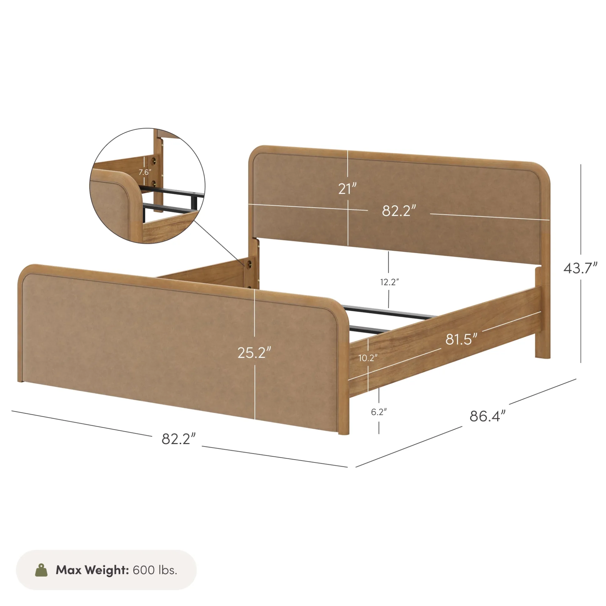 Wood Bed Frame in Light Brown Faux Leather | Size King