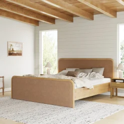 Wood Bed Frame in Light Brown Faux Leather | Size King