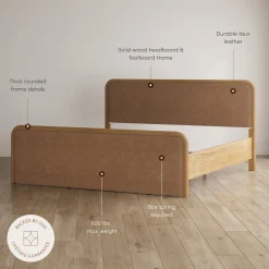 Wood Bed Frame in Light Brown Faux Leather | Size King