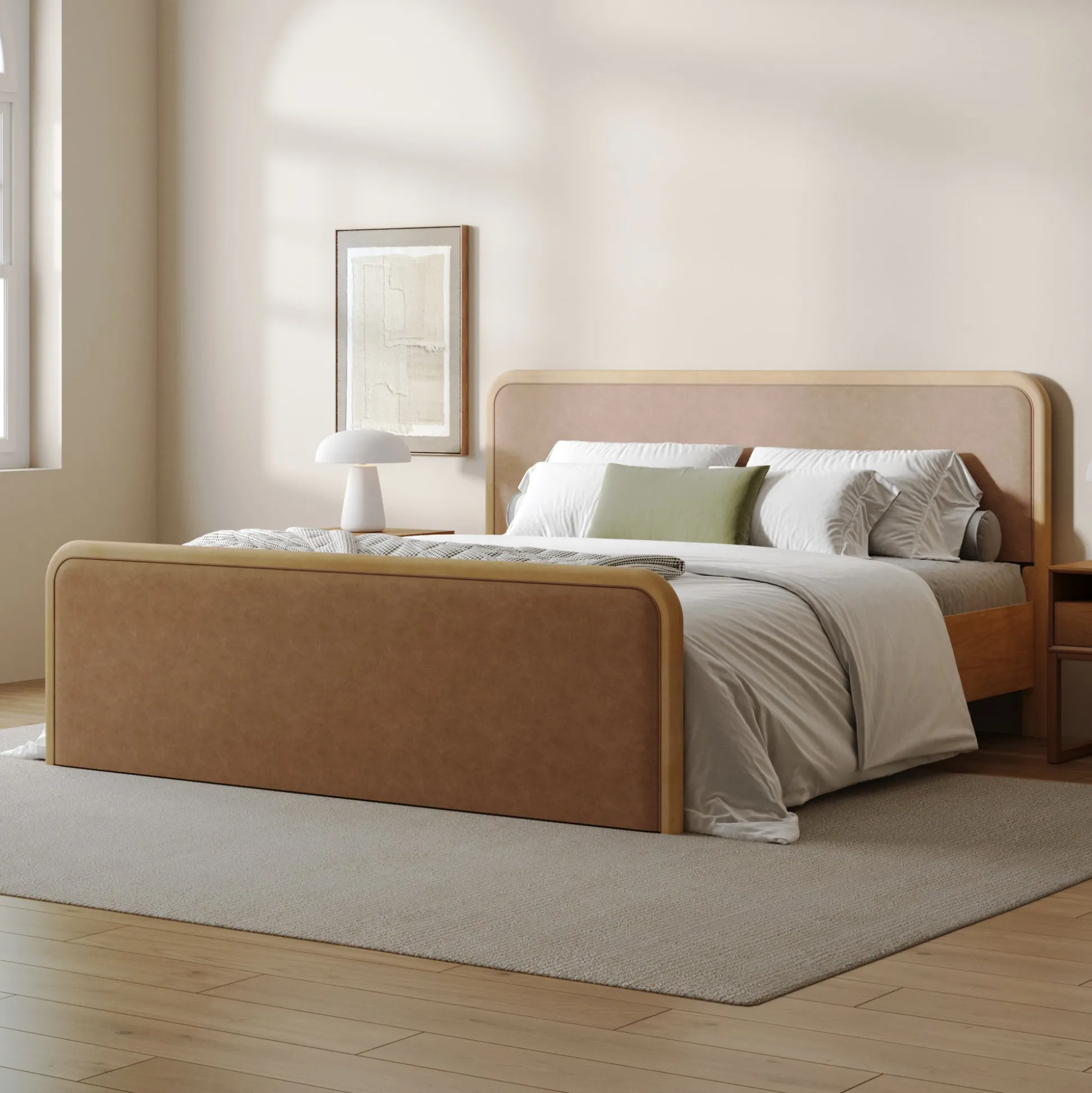 Wood Bed Frame in Light Brown Faux Leather | Size King