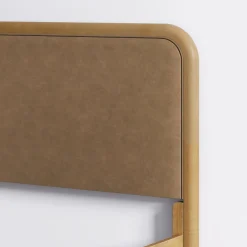 Wood Bed Frame in Light Brown Faux Leather | Size Queen