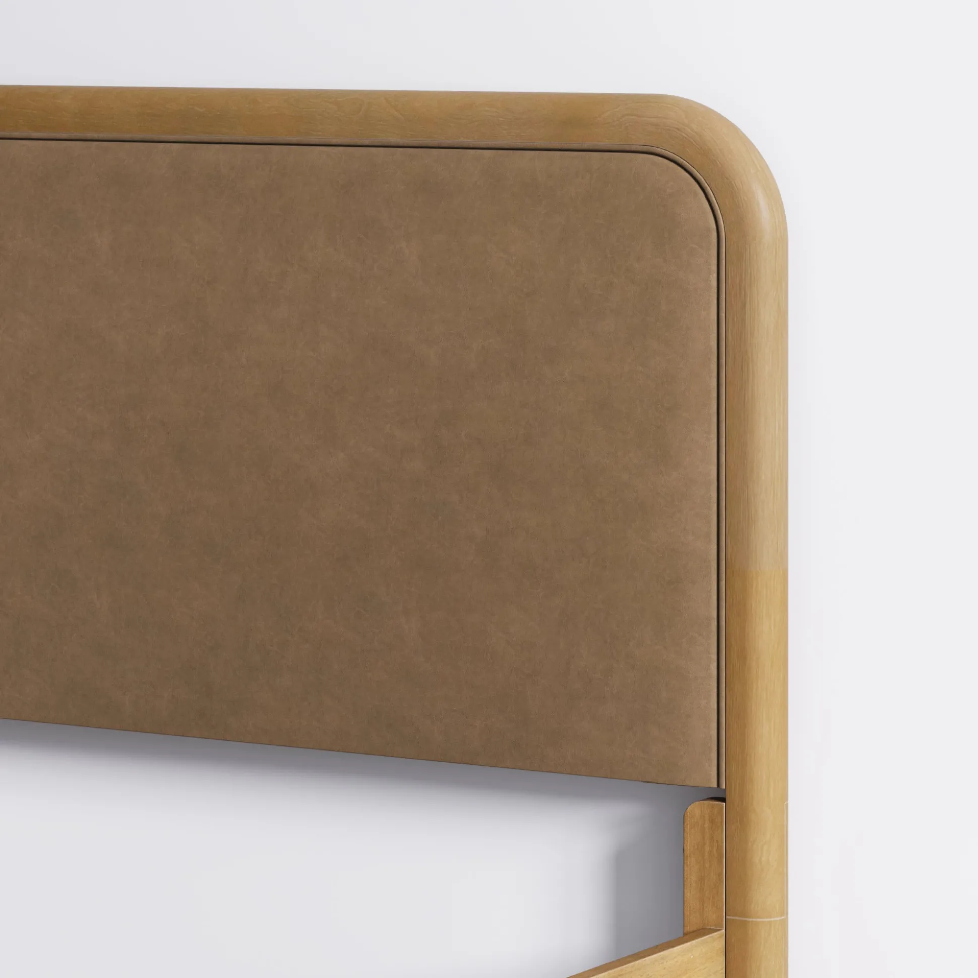 Wood Bed Frame in Light Brown Faux Leather | Size Queen