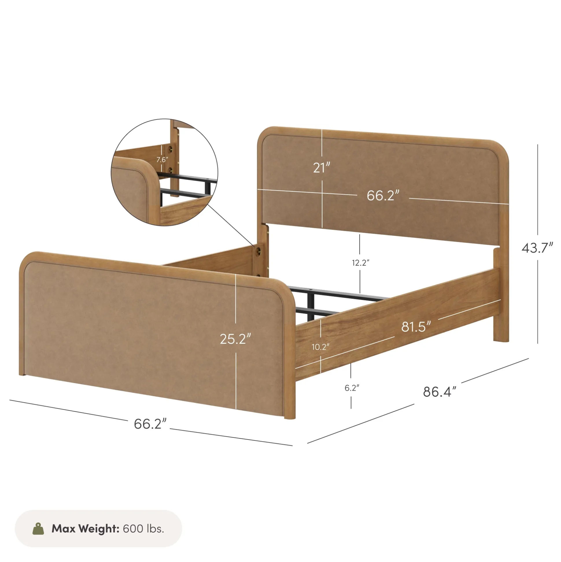 Wood Bed Frame in Light Brown Faux Leather | Size Queen
