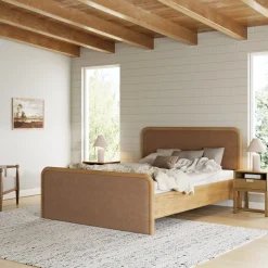 Wood Bed Frame in Light Brown Faux Leather | Size Queen