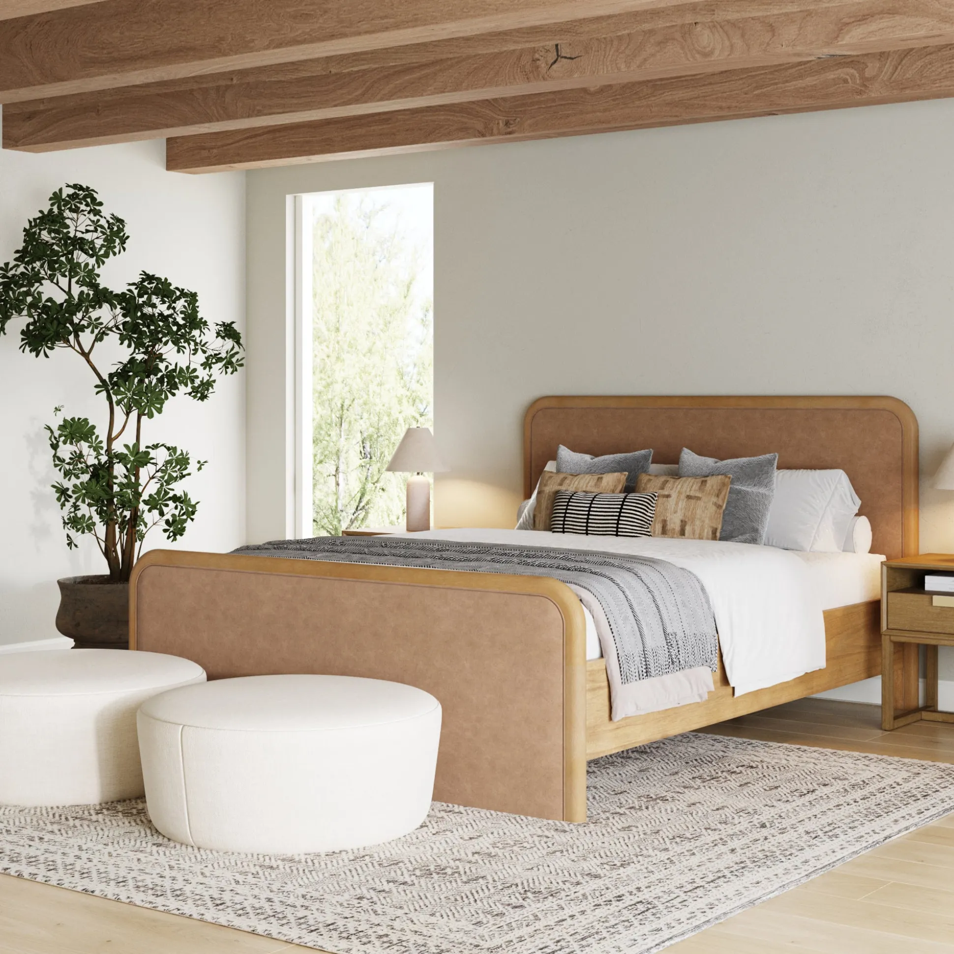Wood Bed Frame in Light Brown Faux Leather | Size Queen