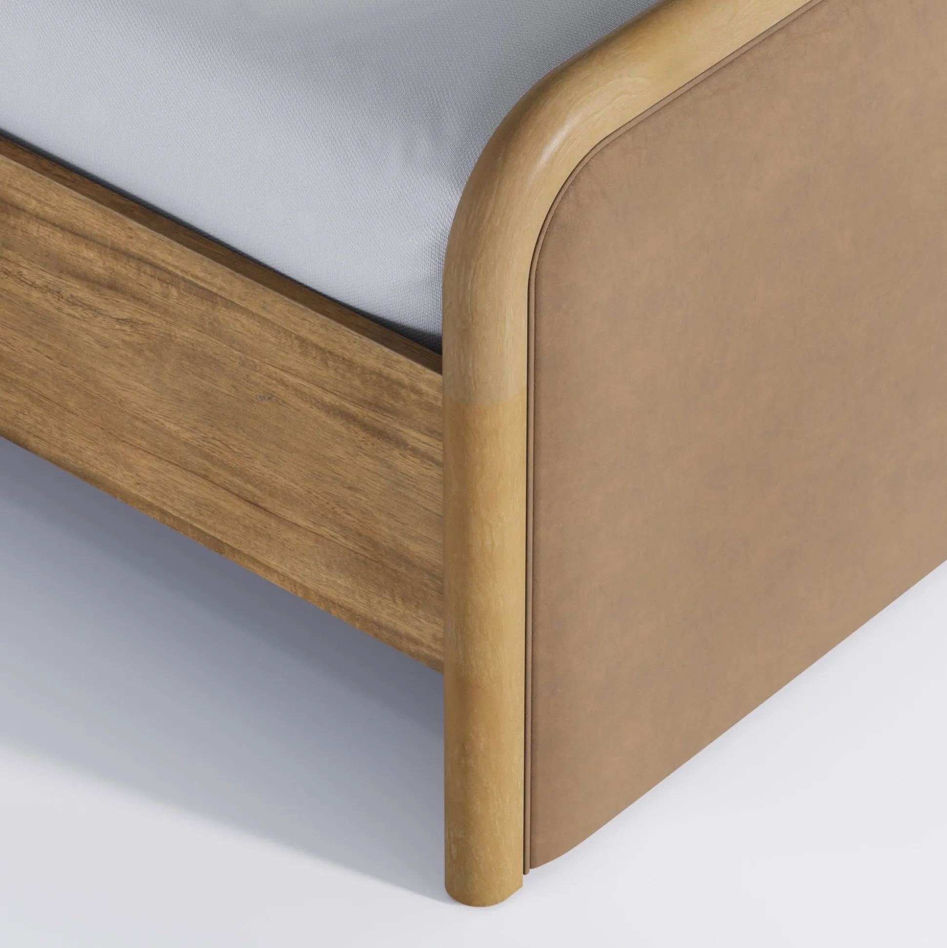 Wood Bed Frame in Light Brown Faux Leather | Size Queen
