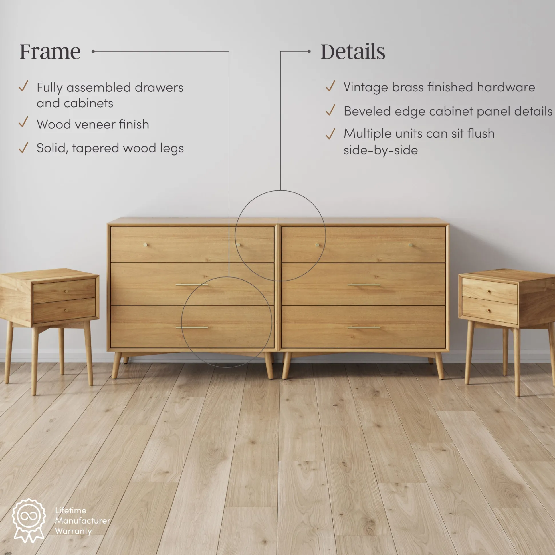 Wood Bedroom Set with 2 Dressers and 2 Nightstands Light Acacia