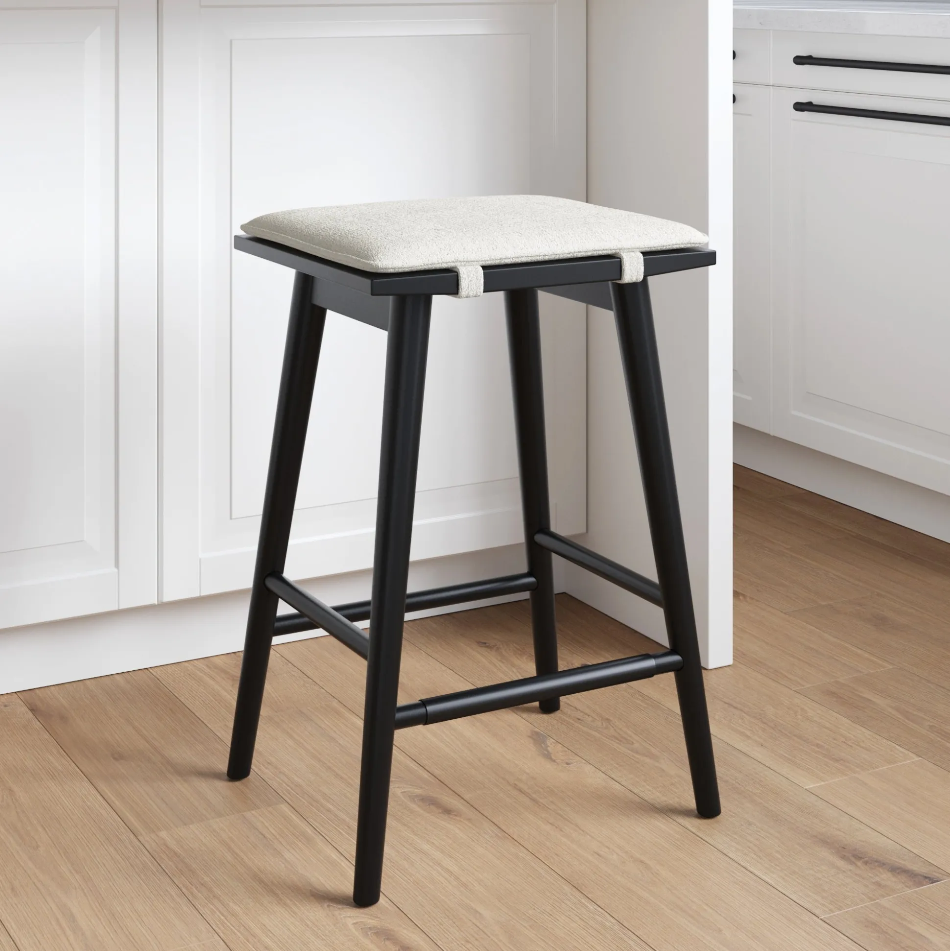 Wood & Boucle Counter Height Bar Stool Black