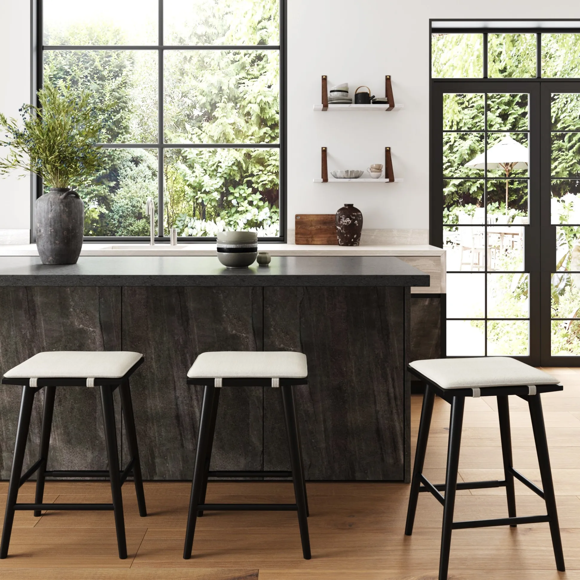 Wood & Boucle Counter Height Bar Stool Black