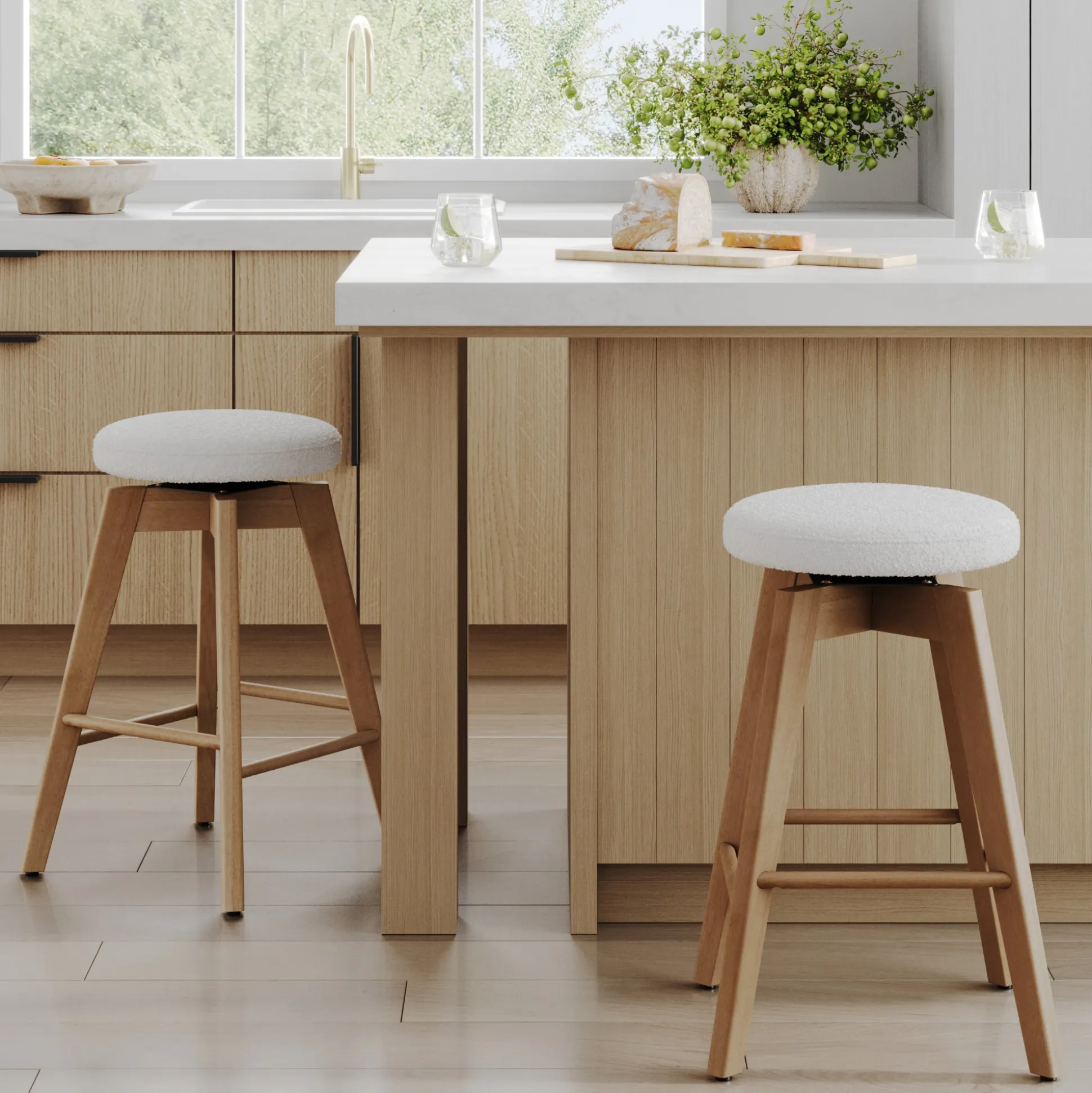 Wood Boucle Counter Height Swivel Counter Stool White Oak