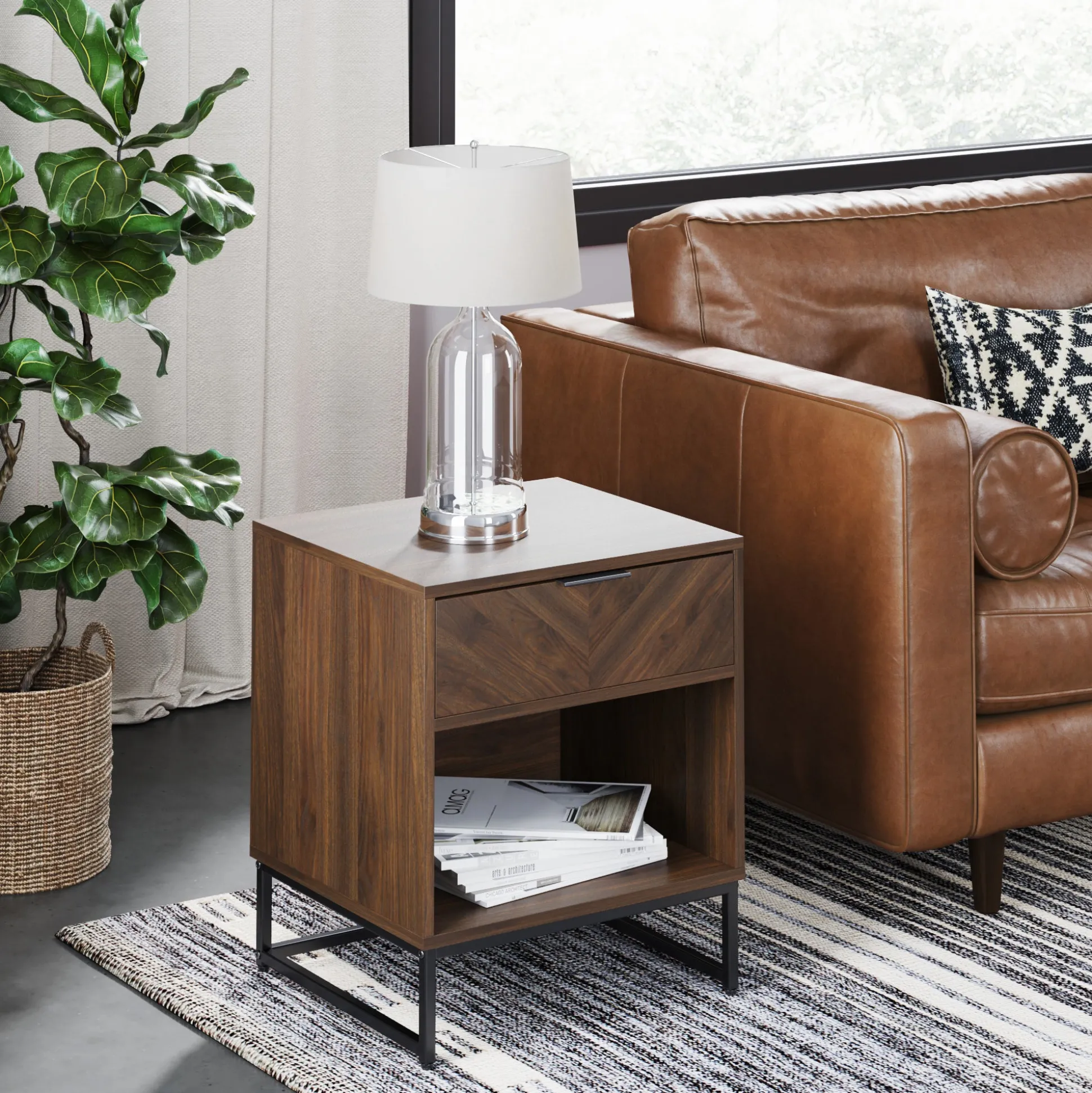 Wood Cabinet Herringbone Nightstand Walnut