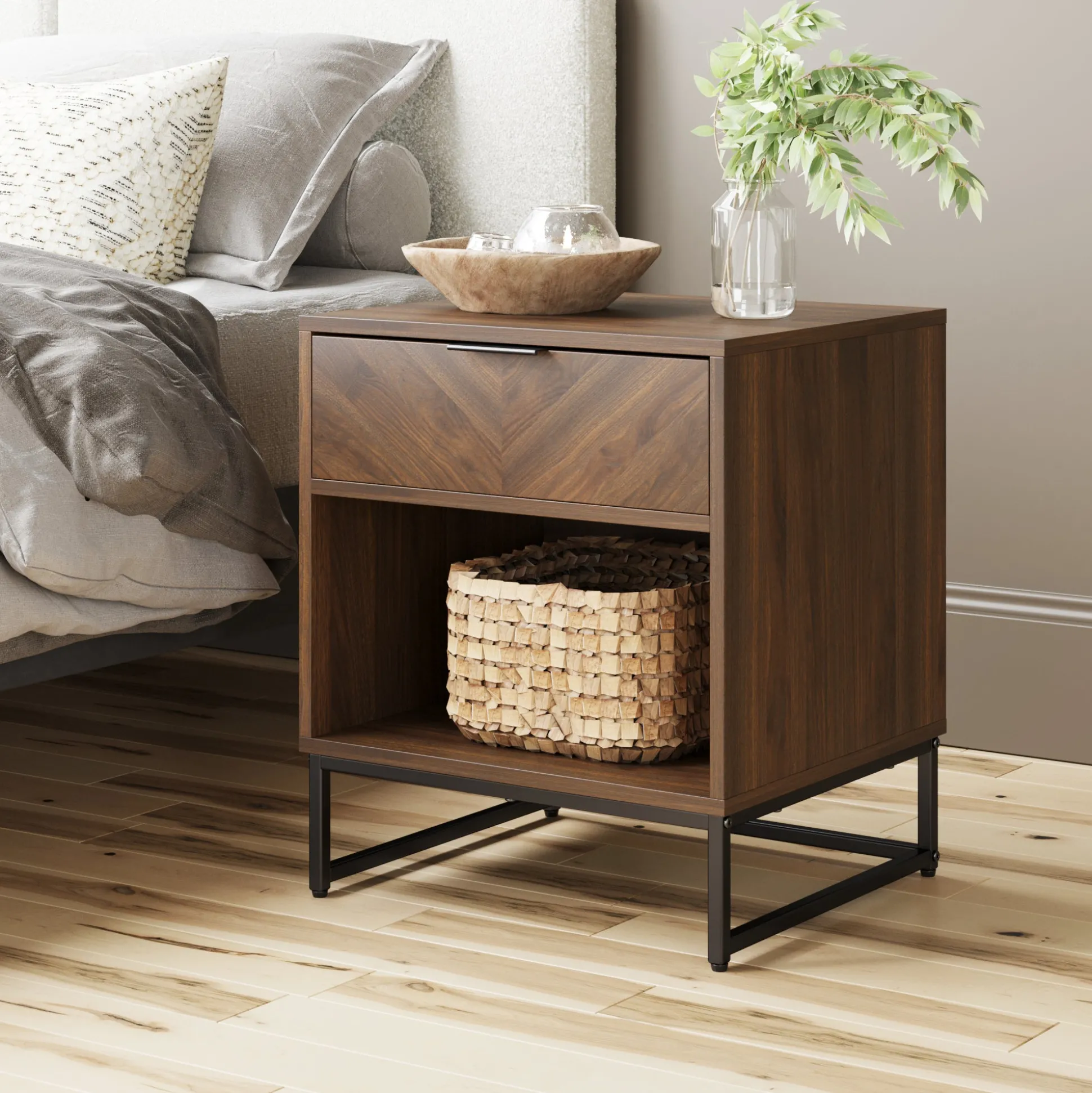 Wood Cabinet Herringbone Nightstand Walnut