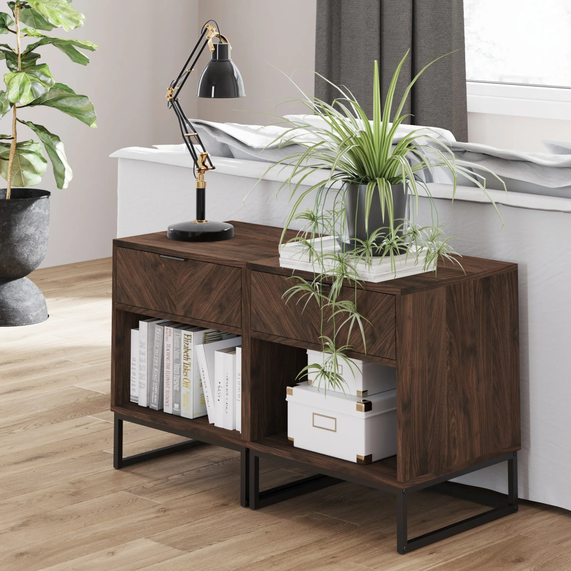 Wood Cabinet Herringbone Nightstand Walnut