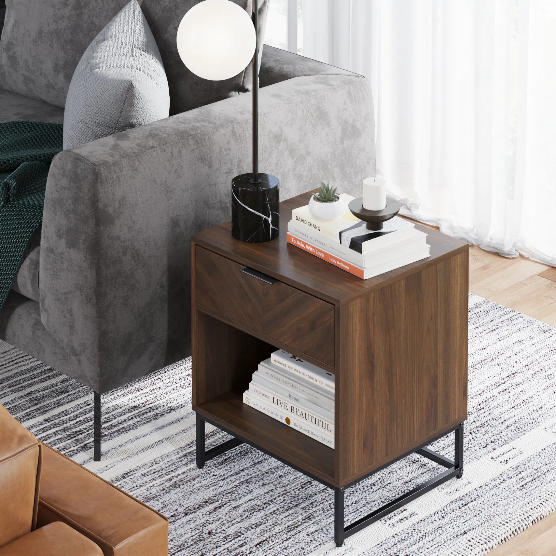 Wood Cabinet Herringbone Nightstand Walnut