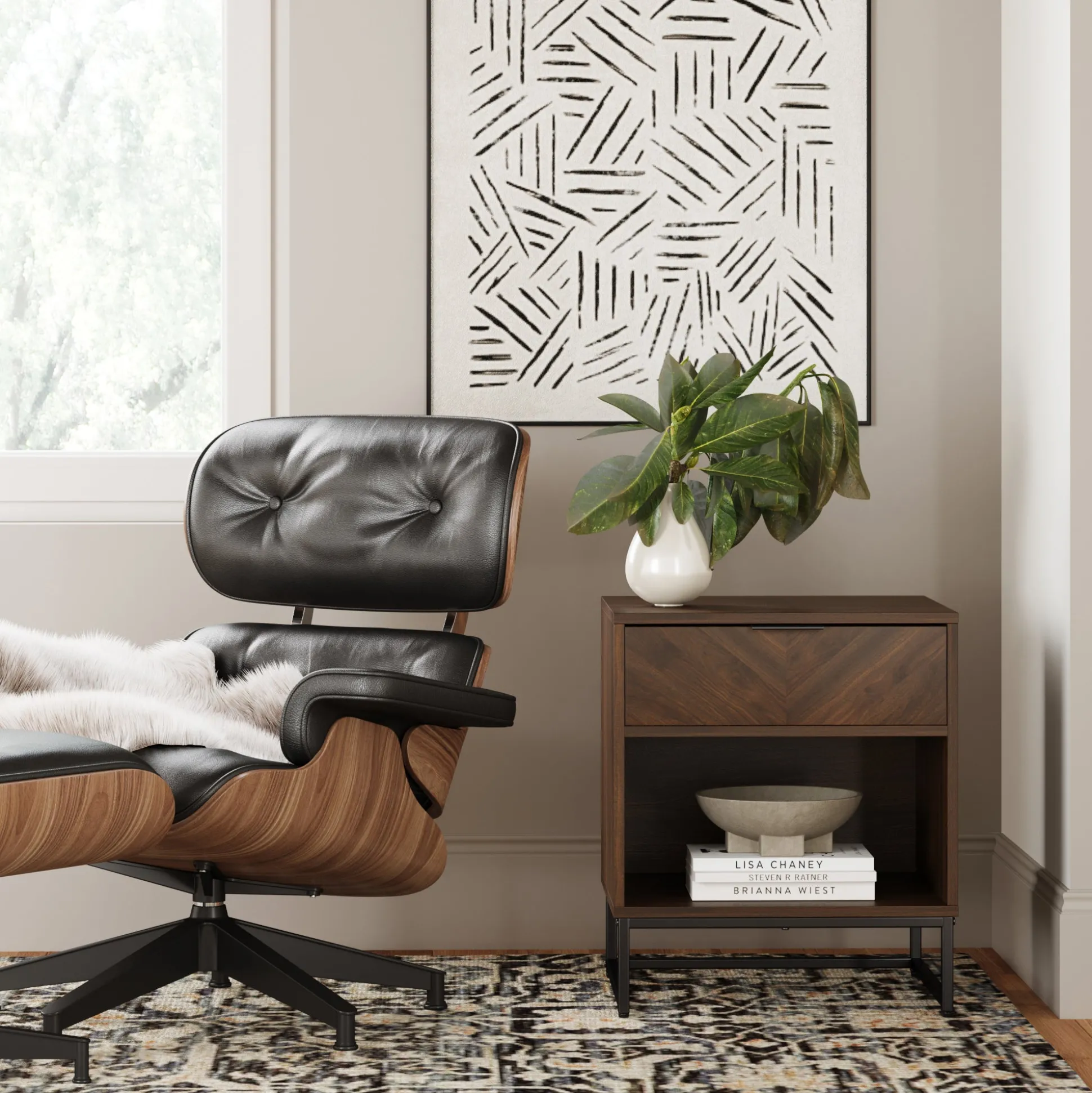 Wood Cabinet Herringbone Nightstand Walnut