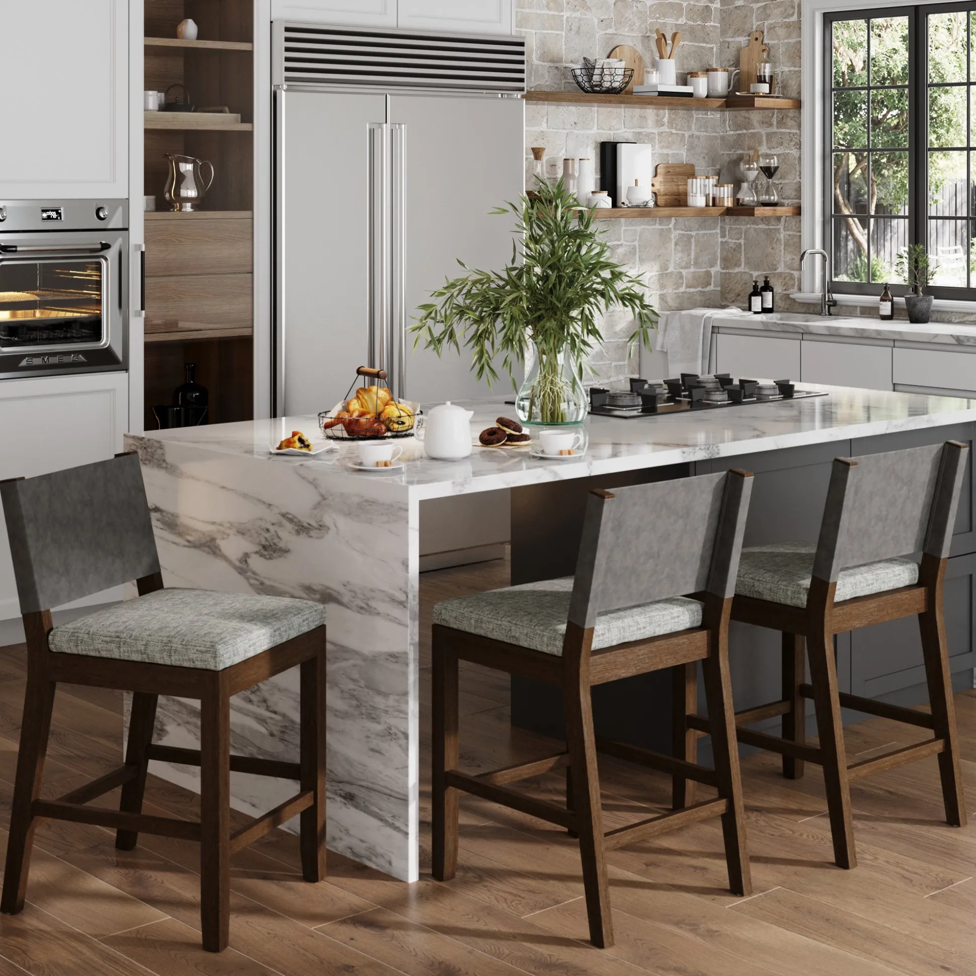 Wood Counter Height Bar Stools Dark Brown Ivory (Set of 3)