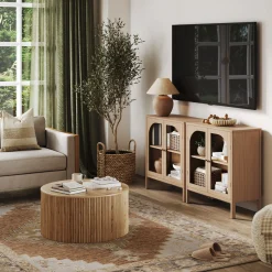 Wood Curio Cabinet with Glass Doors Raw Oak