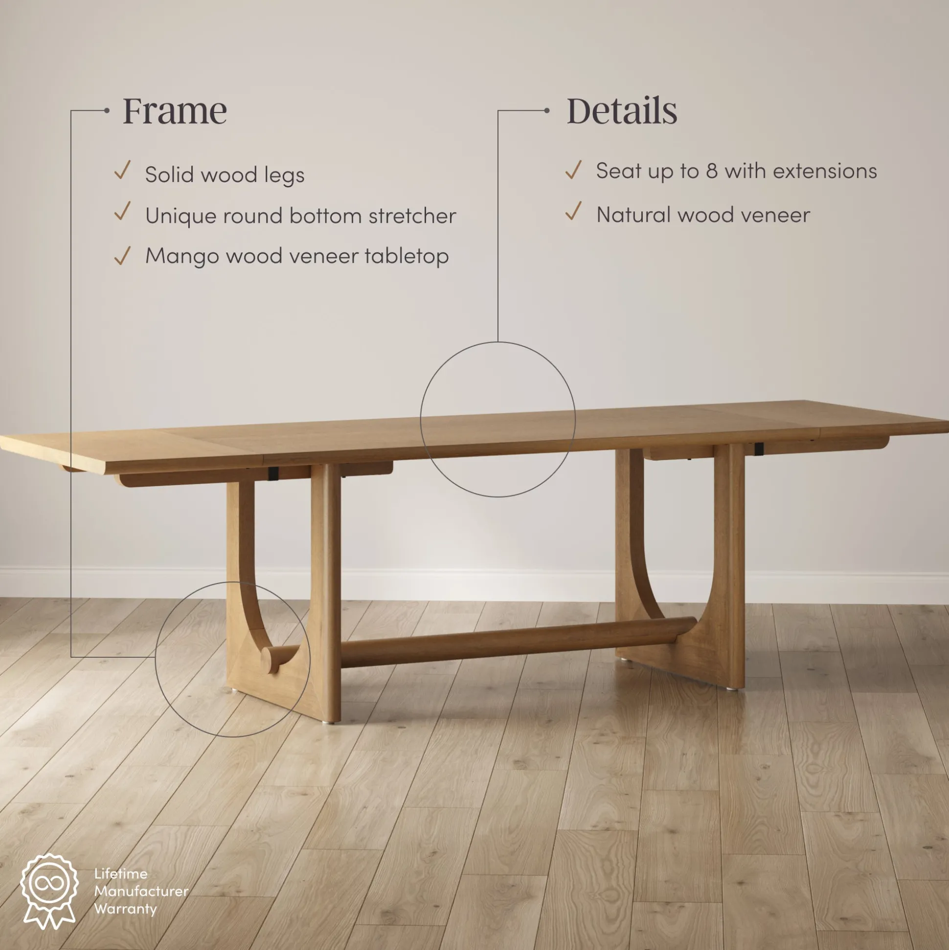 Wood Dining Room Table with Leaf Extension for 8