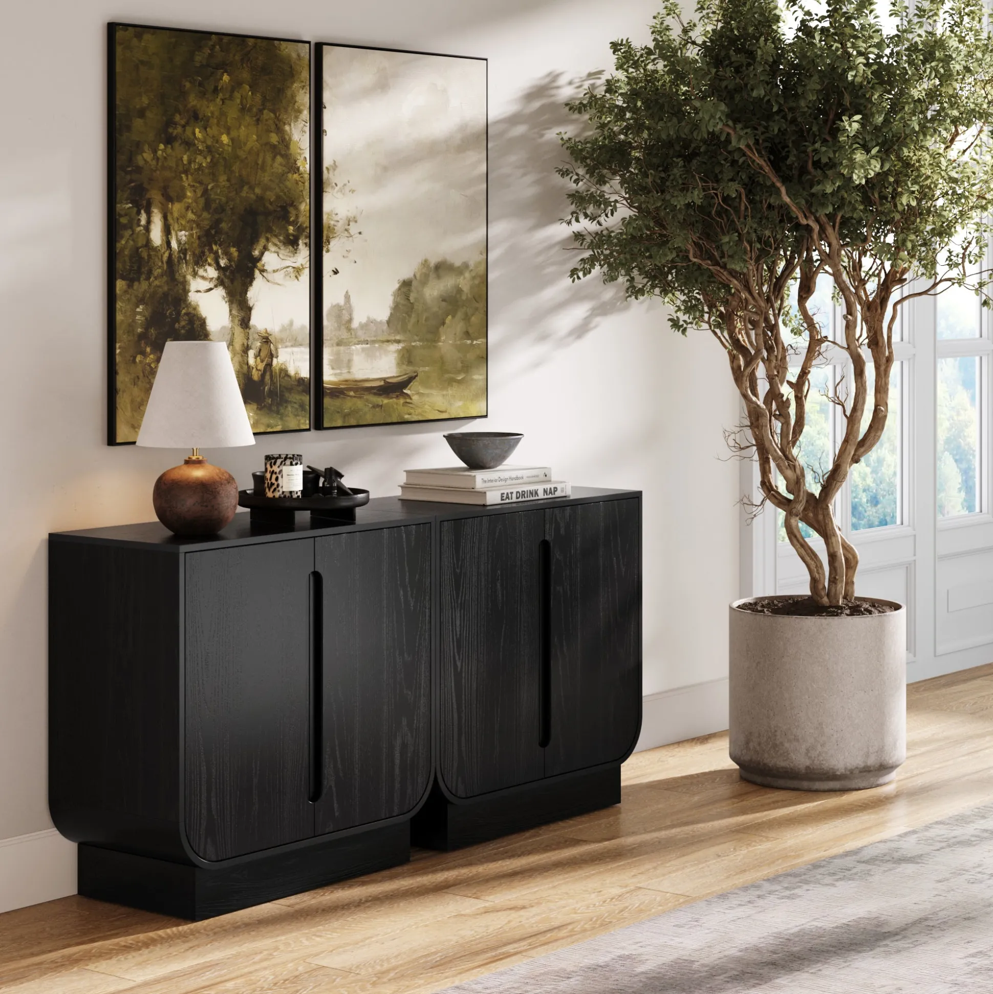 Wooden Arched Accent Cabinet or Kitchen Credenza Black Oak (Set of 2)