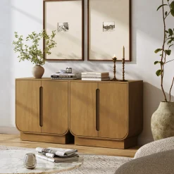 Wooden Arched Accent Cabinet or Kitchen Credenza Light Brown (Set of 2)