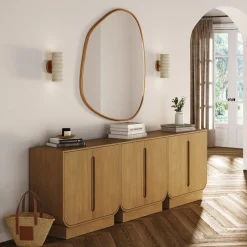 Wooden Arched Accent Cabinet or Kitchen Credenza Light Brown (Set of 3)