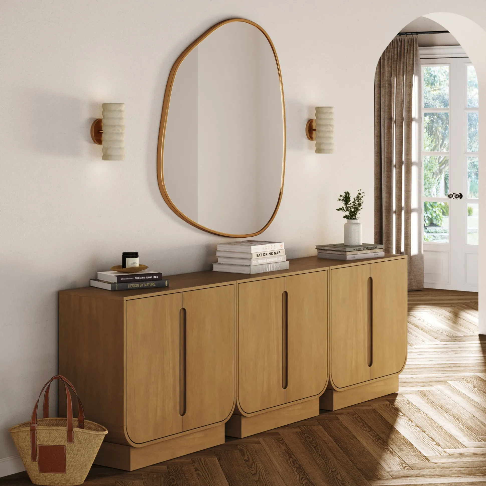 Wooden Arched Accent Cabinet or Kitchen Credenza Light Brown (Set of 3)