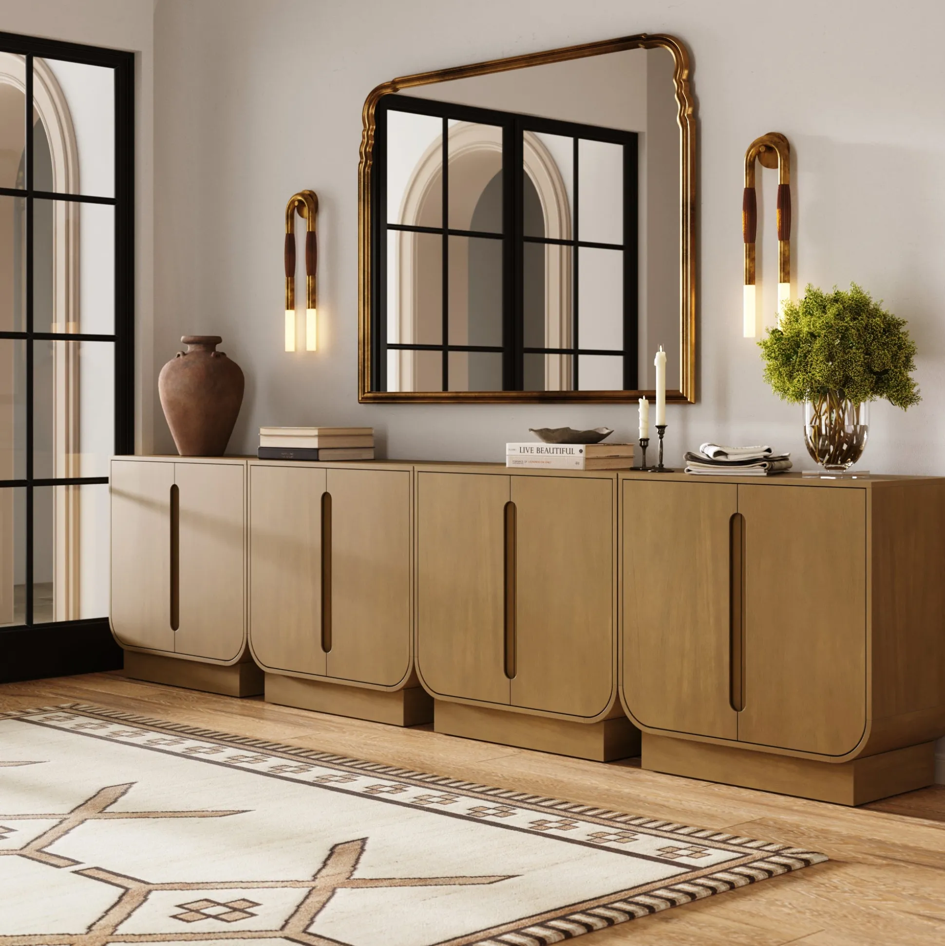 Wooden Arched Large Credenza Cabinet Light Brown (Set of 4)