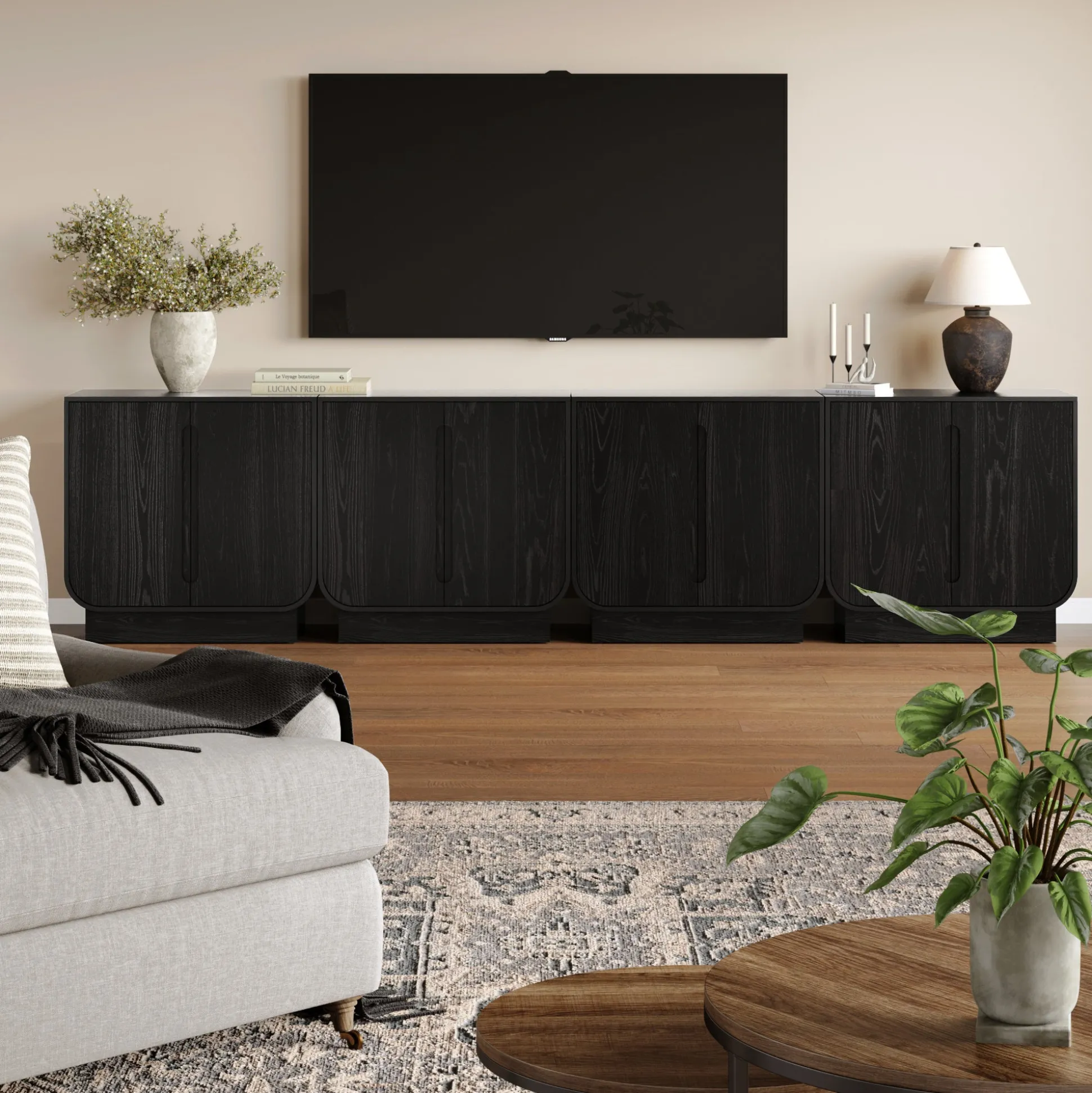 Wooden Arched Large Credenza Cabinet Black Oak (Set of 4)