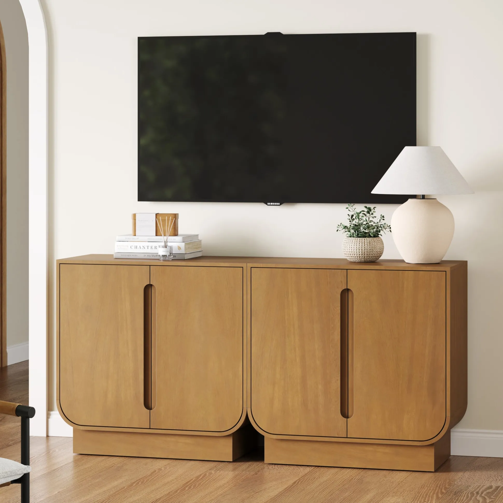 Wooden Arched TV Console Stand Light Brown for TVs up to 65"