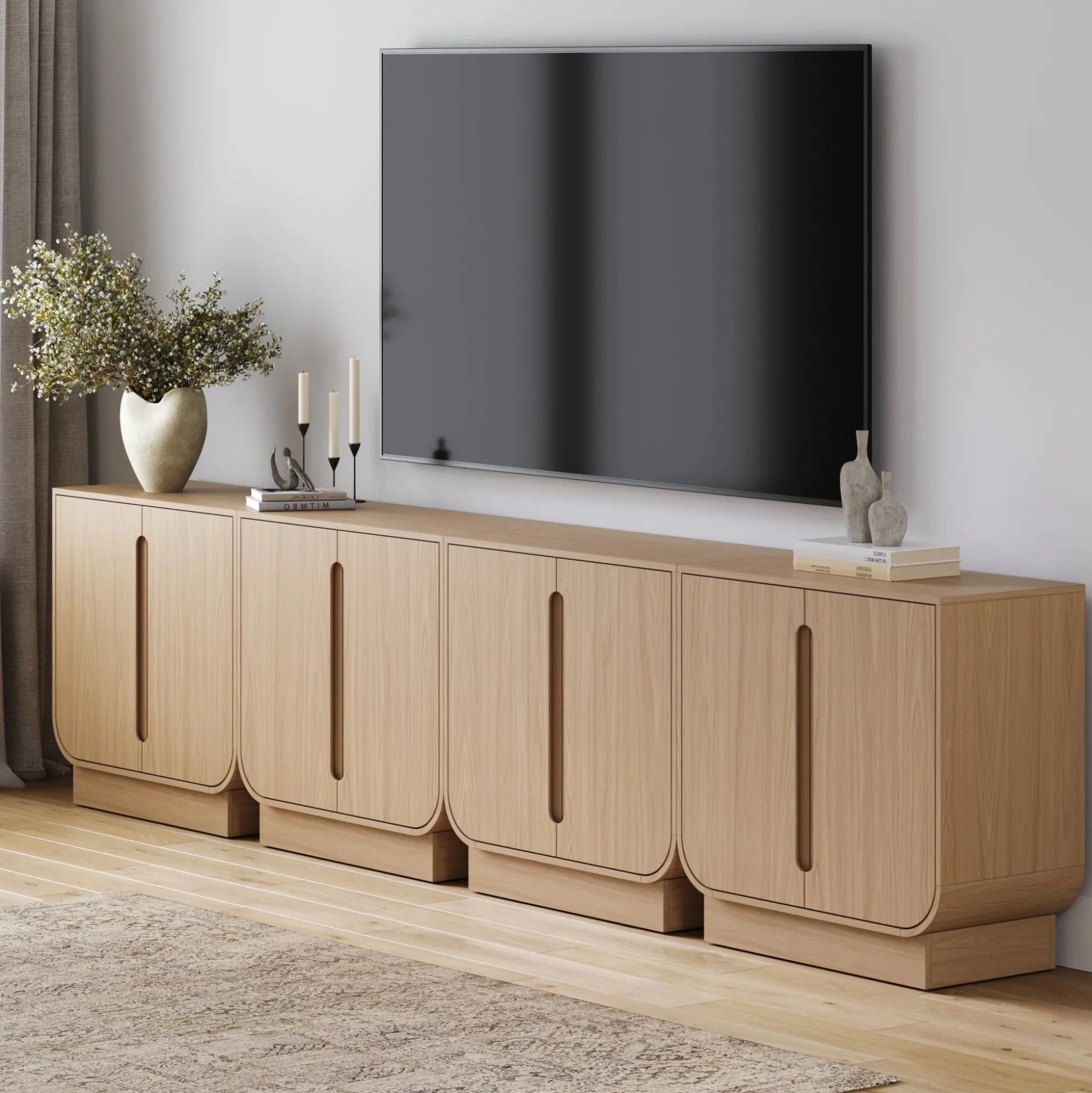 Wooden Arched TV Console Stand Raw Oak for TVs up to 100"