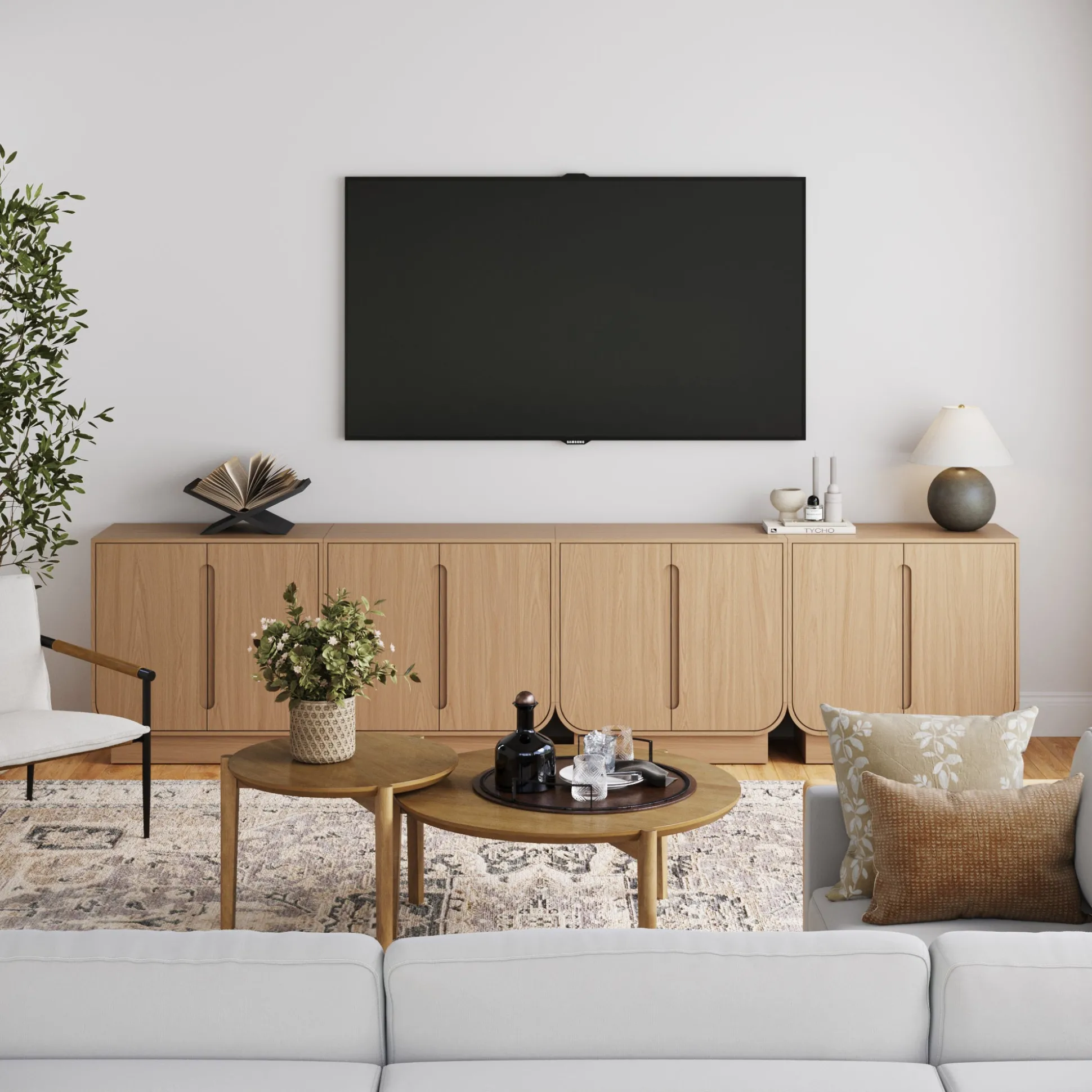 Wooden Arched TV Console Stand Raw Oak for TVs up to 100"