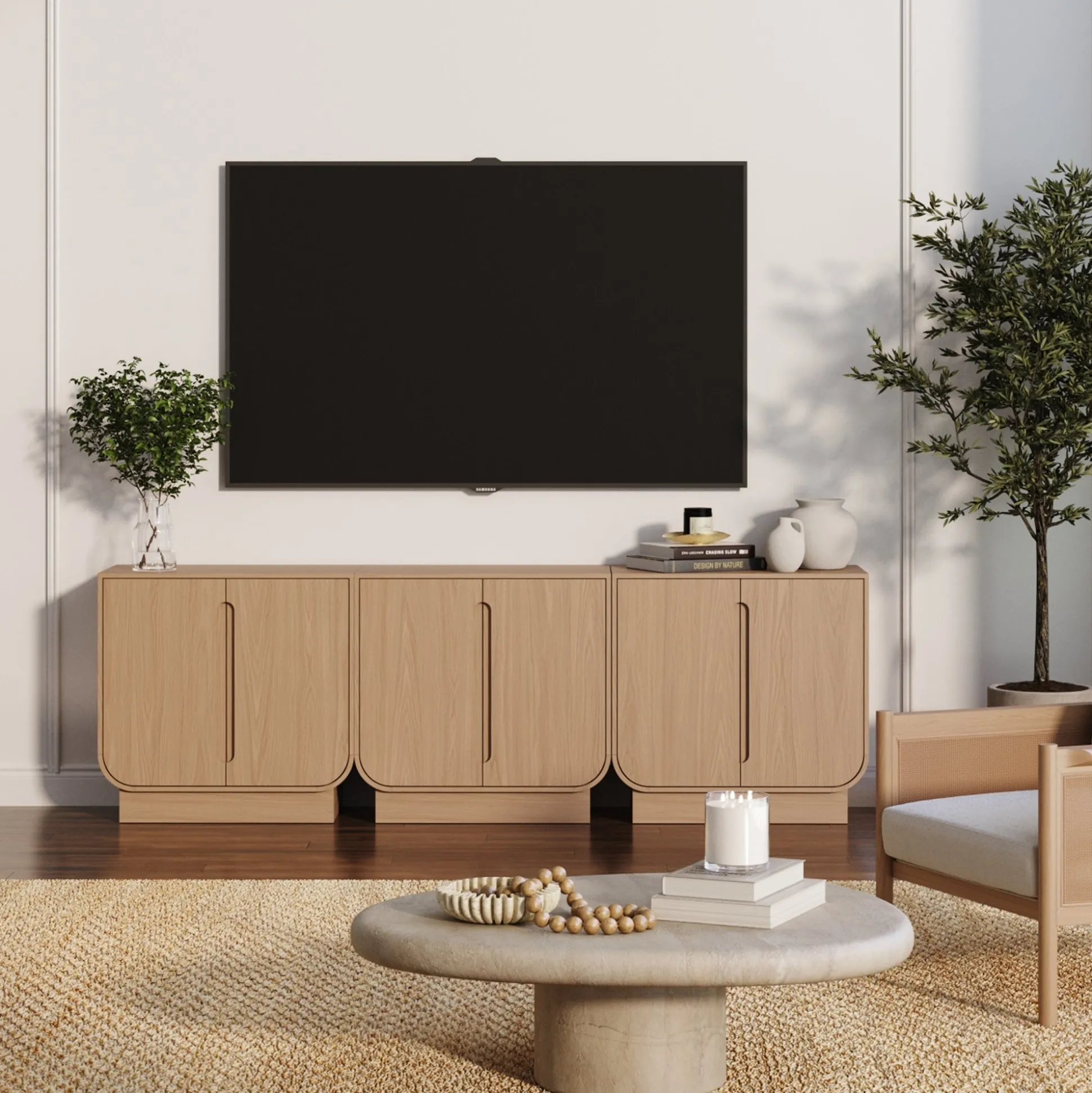 Wooden Arched TV Console Stand Raw Oak for TVs up to 75"
