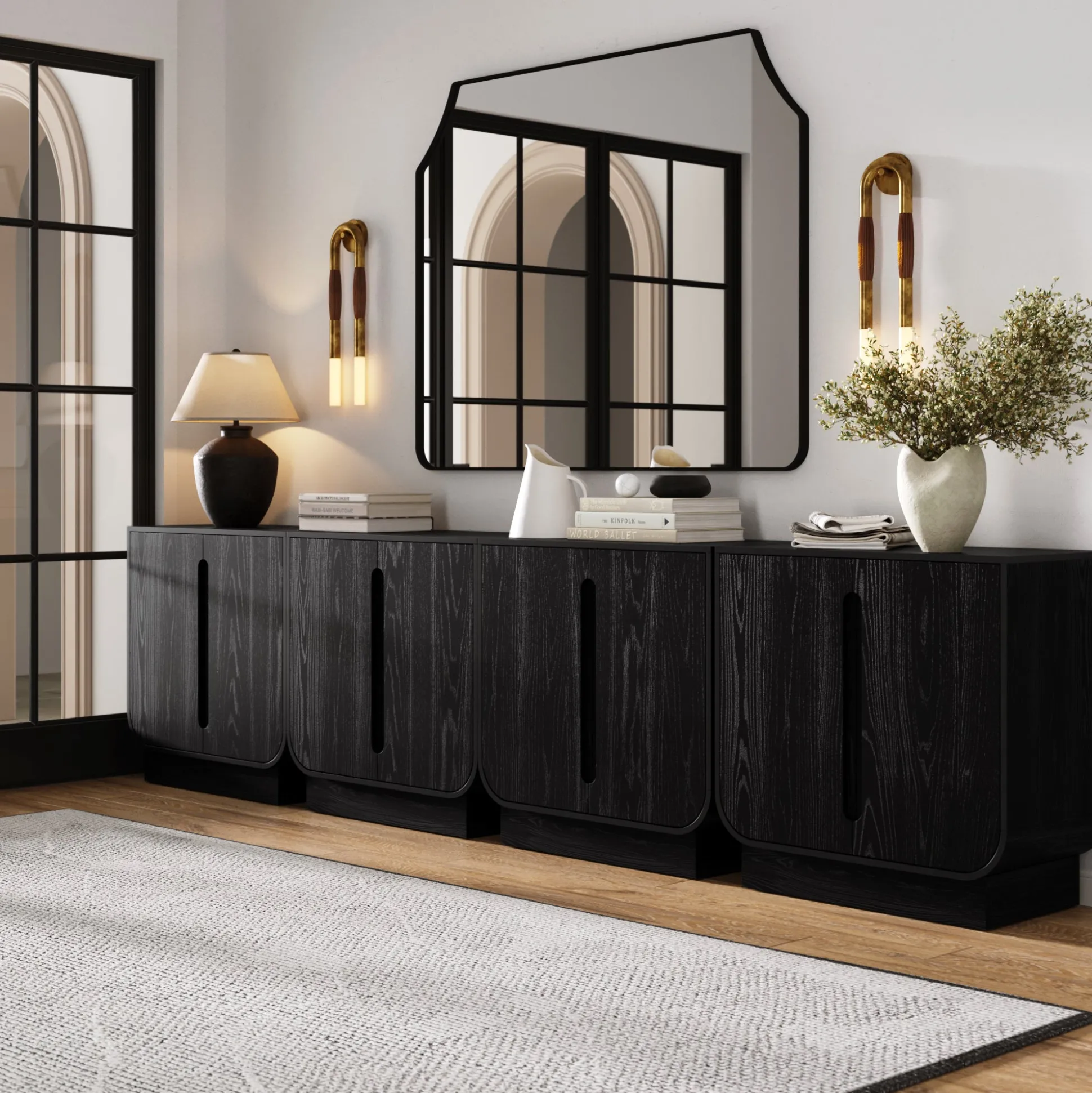Wooden Arched TV Console Stand Black Oak for TVs up to 100"