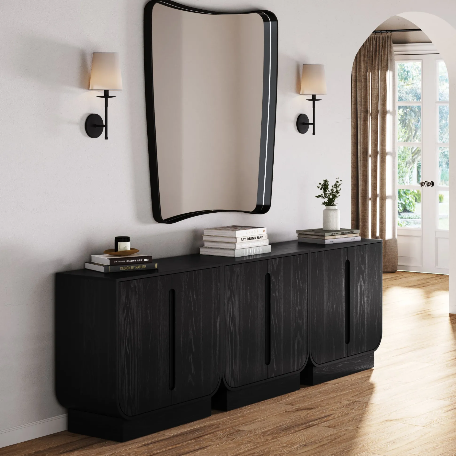 Wooden Arched TV Console Stand Black Oak for TVs up to 75"
