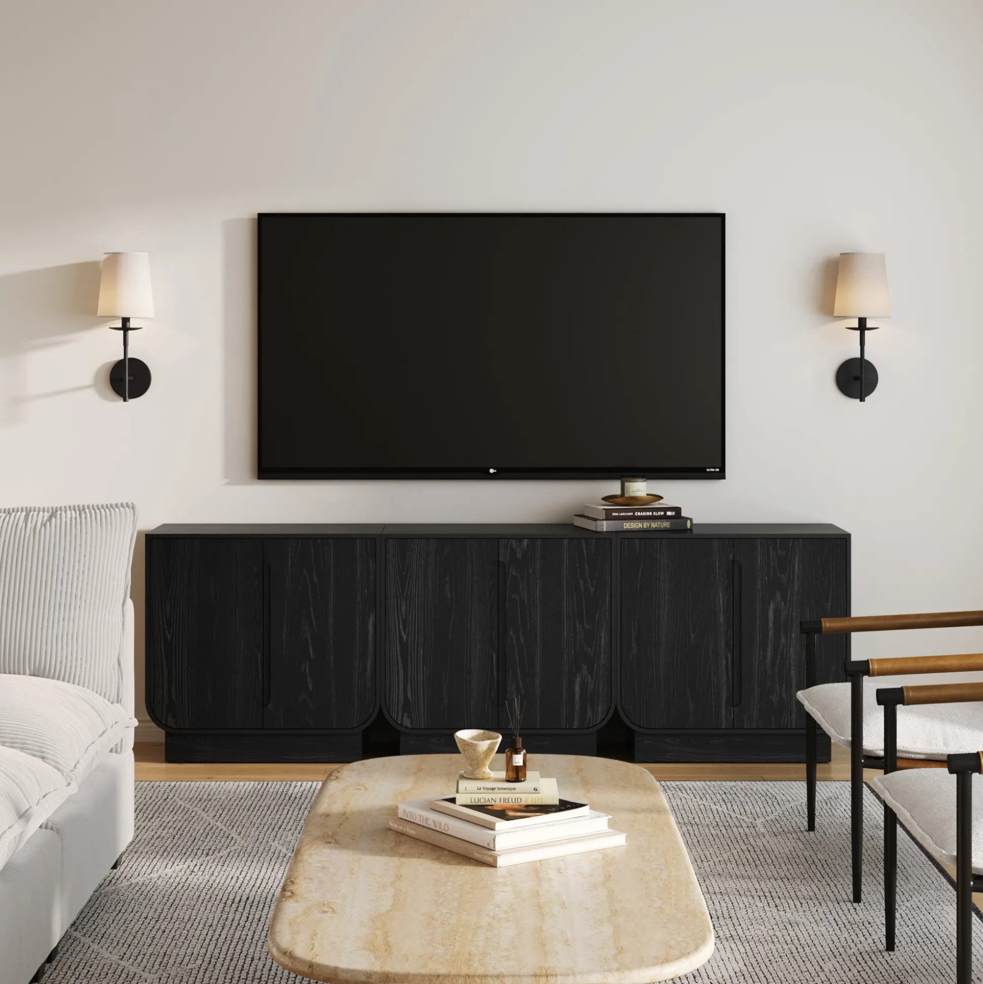 Wooden Arched TV Console Stand Black Oak for TVs up to 75"