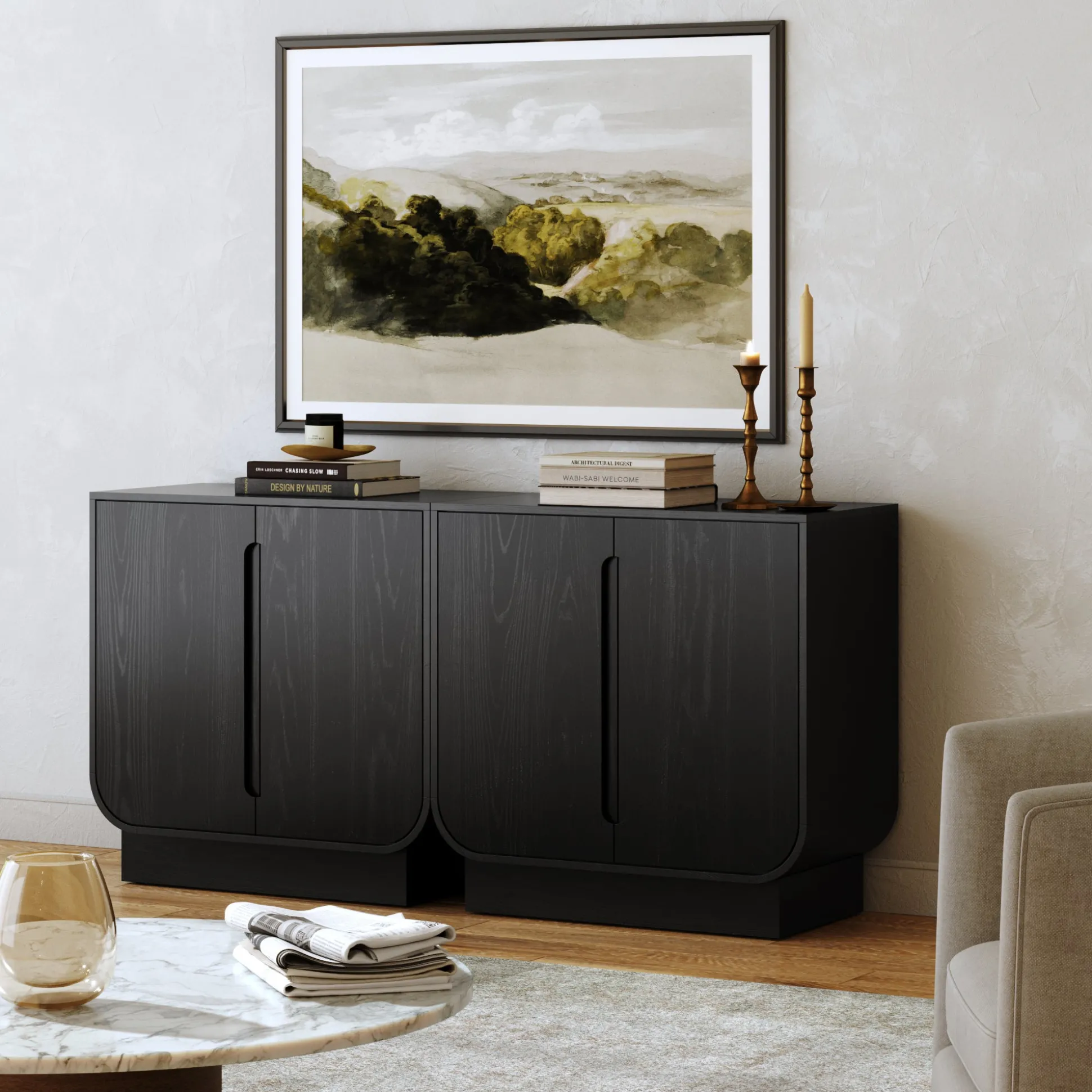 Wooden Arched TV Console Stand Black Oak for TVs up to 65"