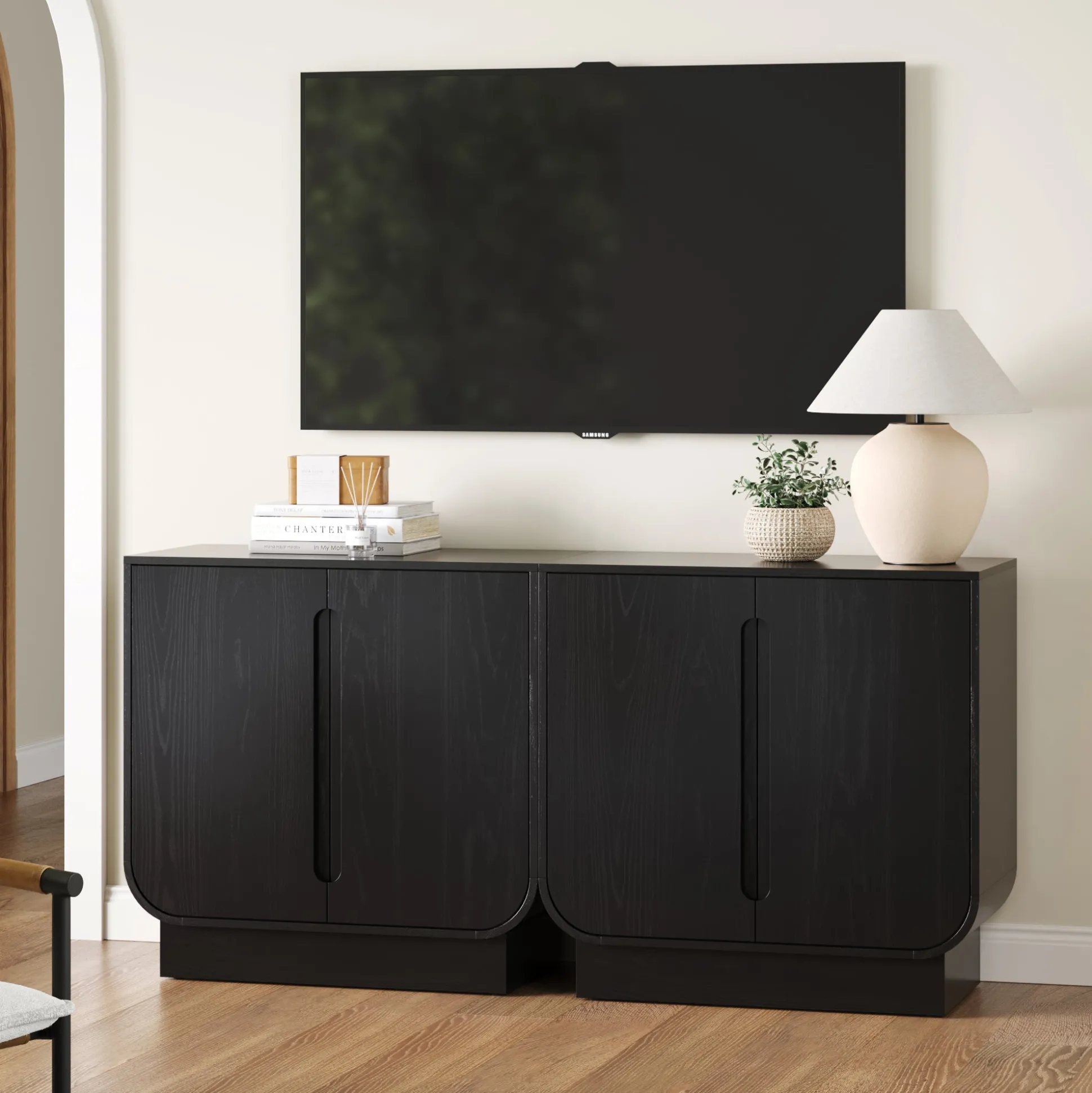 Wooden Arched TV Console Stand Black Oak for TVs up to 65"