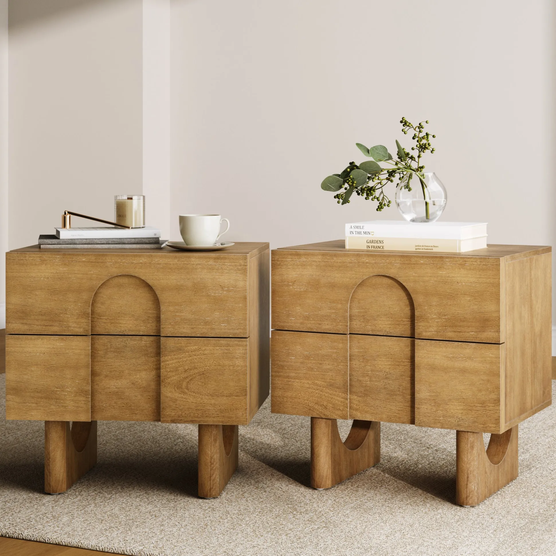 Wooden Bedside Table with Drawers Light Brown Set of 2