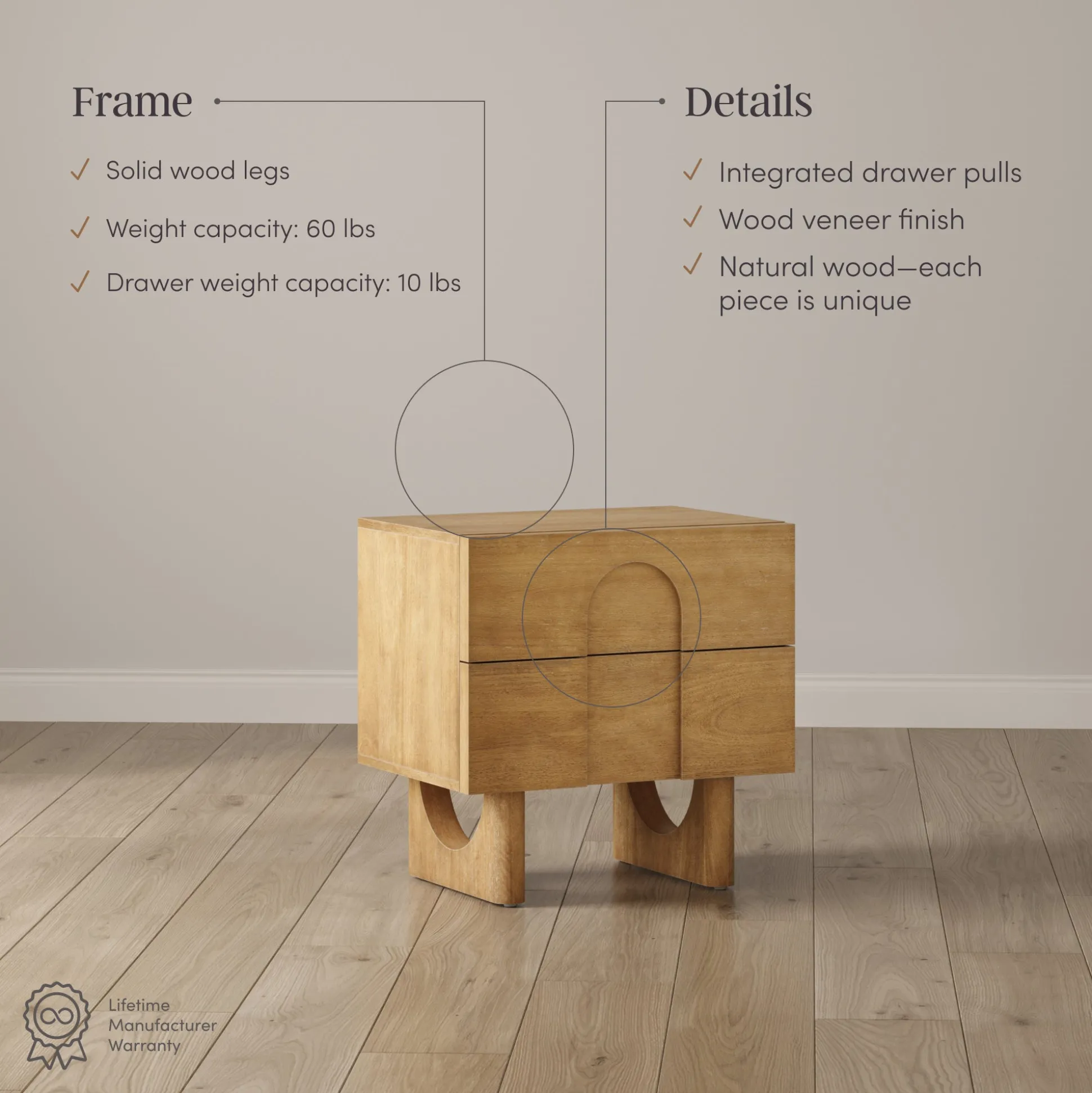 Wooden Bedside Table with Drawers Light Brown Set of 2