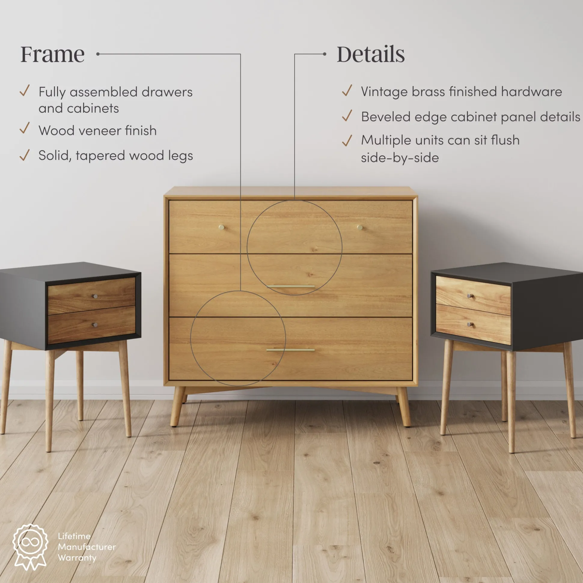 Wooden Dresser and 2 Nightstands Set Light Acacia/Black