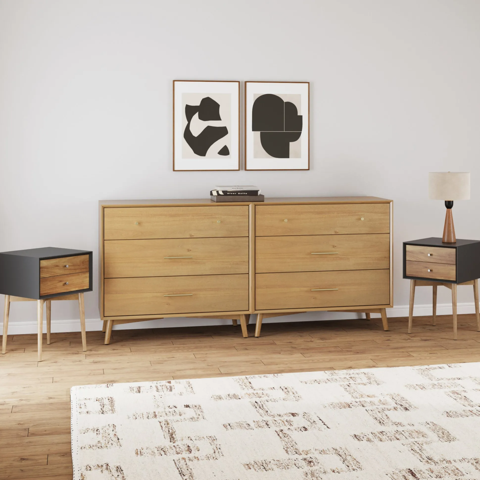 Wooden 2 Dressers and 2 Nightstands Set Light Acacia/Black