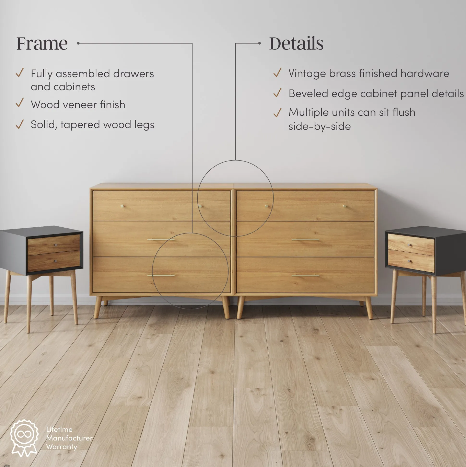 Wooden 2 Dressers and 2 Nightstands Set Light Acacia/Black