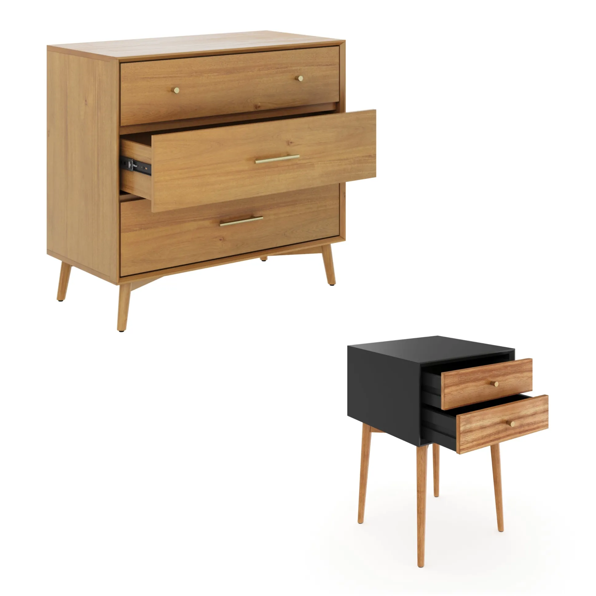 Wooden 2 Dressers and 2 Nightstands Set Light Acacia/Black