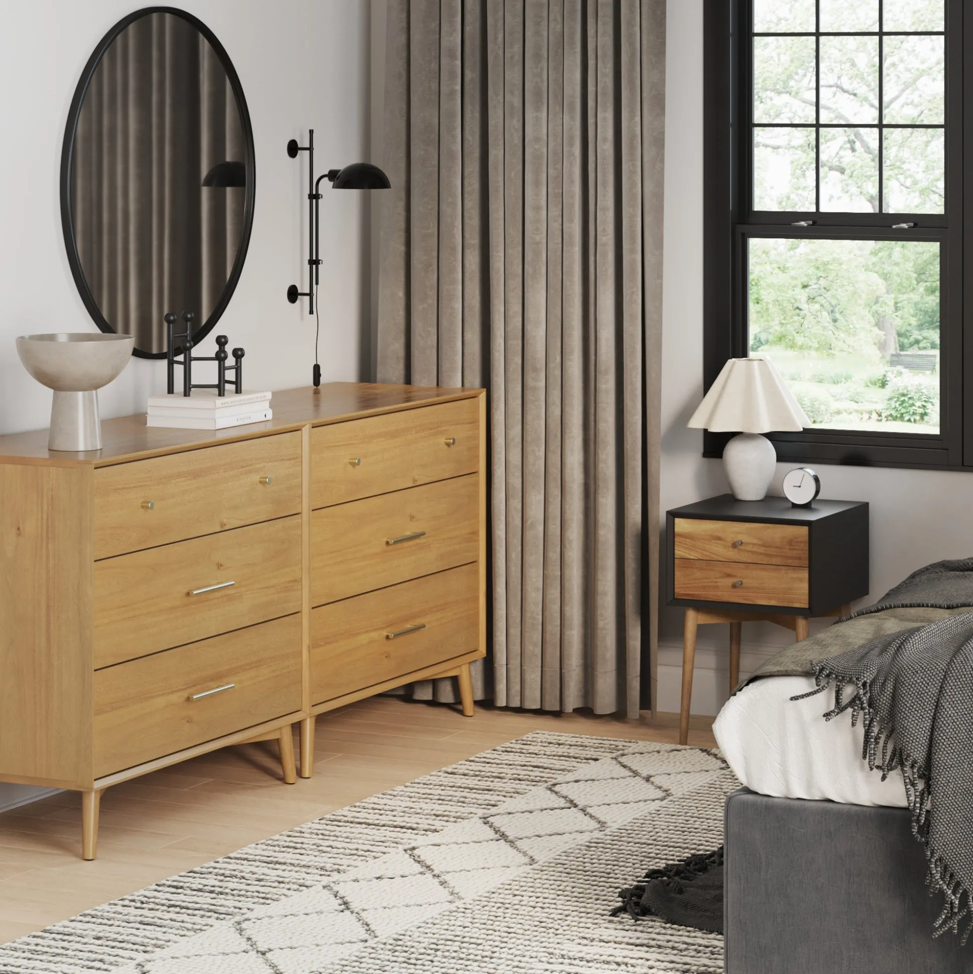 Wooden 2 Dressers and 2 Nightstands Set Light Acacia/Black